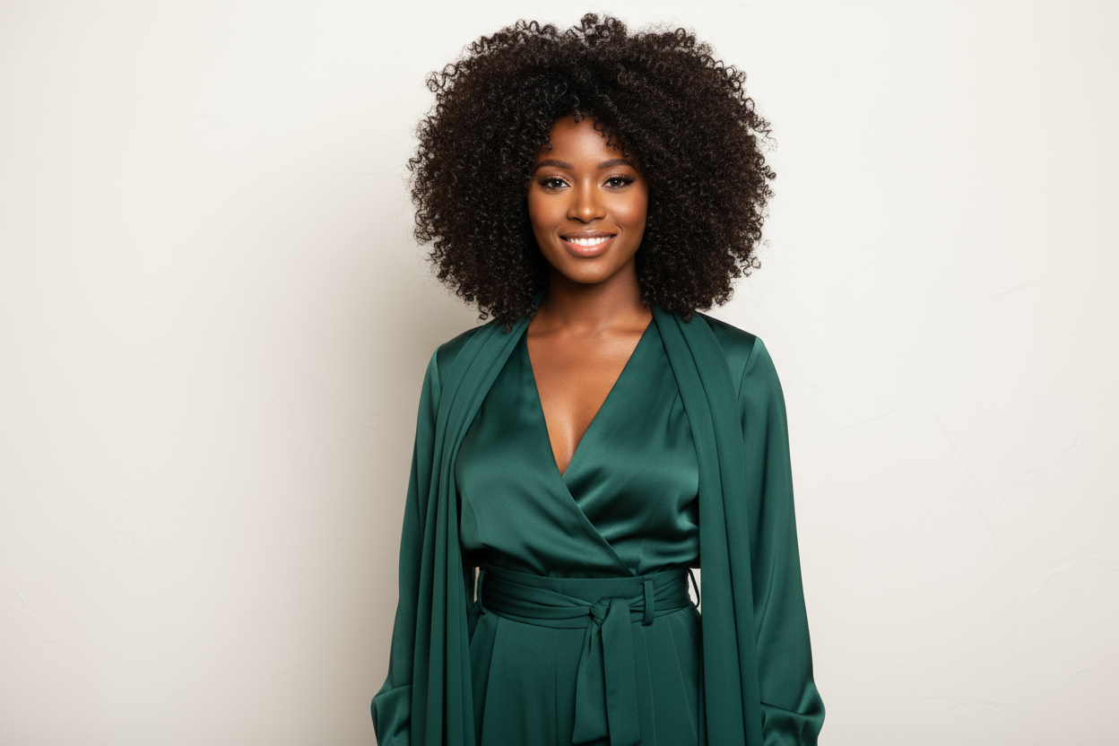 kinky curly wig on black woman wearing hunter green clothing, background off white